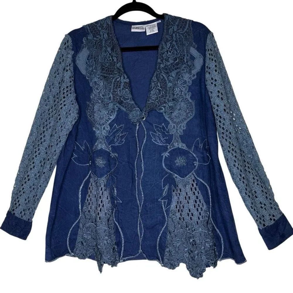 Vintage Newport News Styleworks Jacket Denim  With Crochet Lace Size 10 Y2K